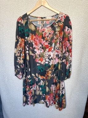 Anthropologie Dark Charcoal Floral Tiered Long-Sleeve Dress with side pockets